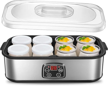 Yogurtera con 8 Vasos y Tapas, Máquina de Yogur Griega, LCD Pantalla de un Solo Toque, Fácil de Usar, Yogur Fresco Casero, Tiempo y Temperatura ajustables, sin BPA